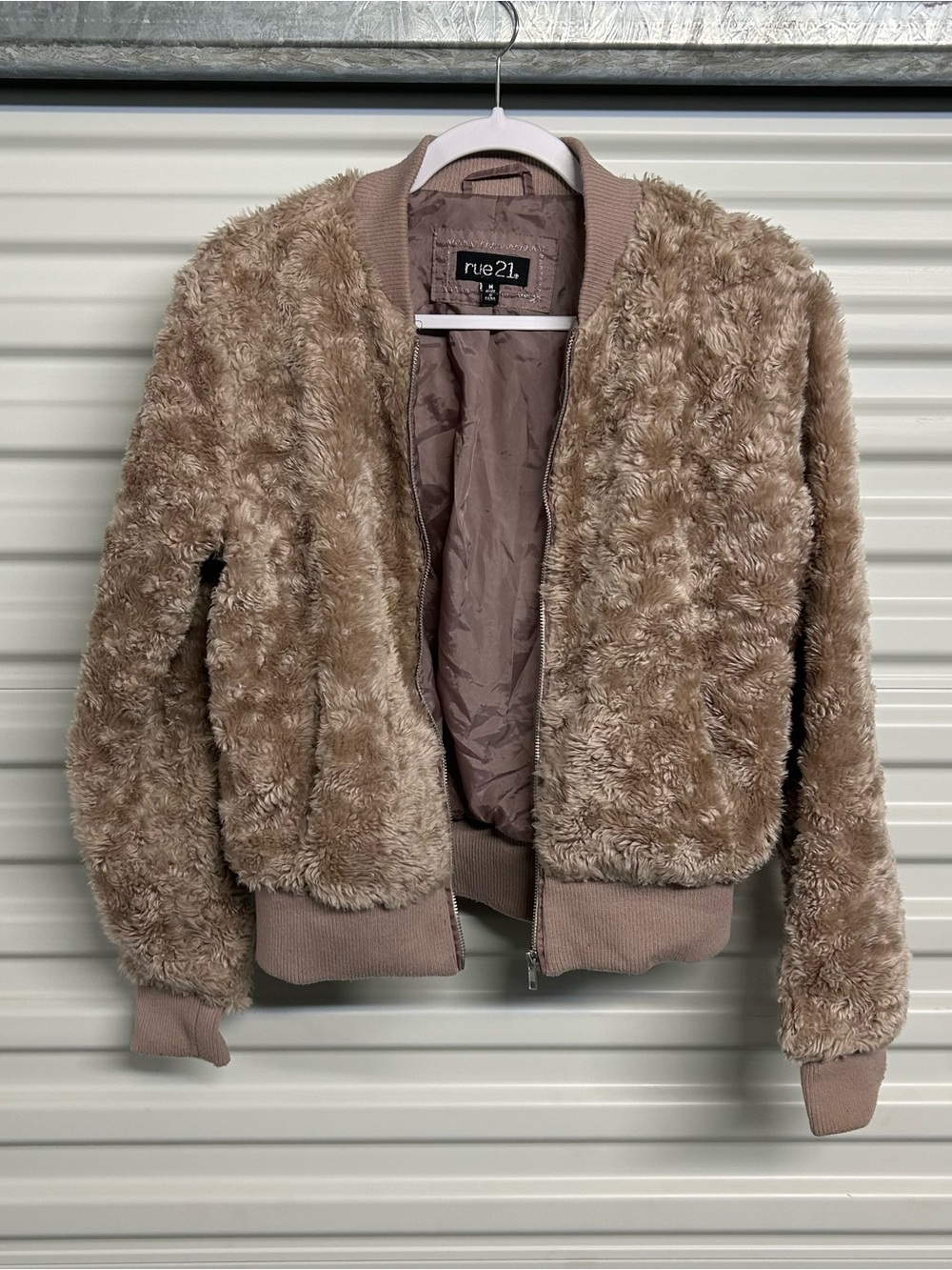 rue21 Women's Faux Fur Teddy Bomber Jacket - Taupe Brown